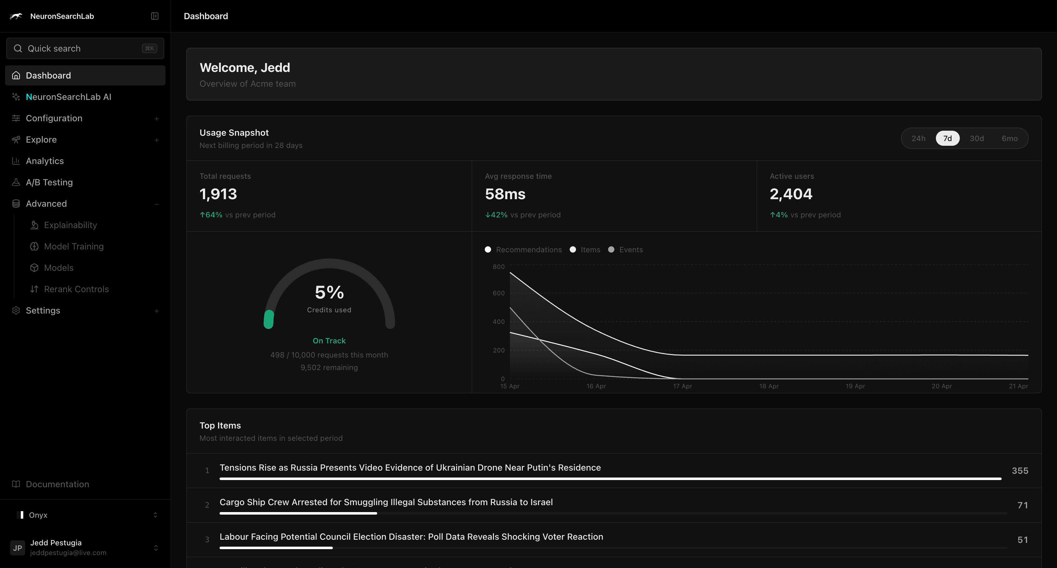 NeuronSearchLab dashboard