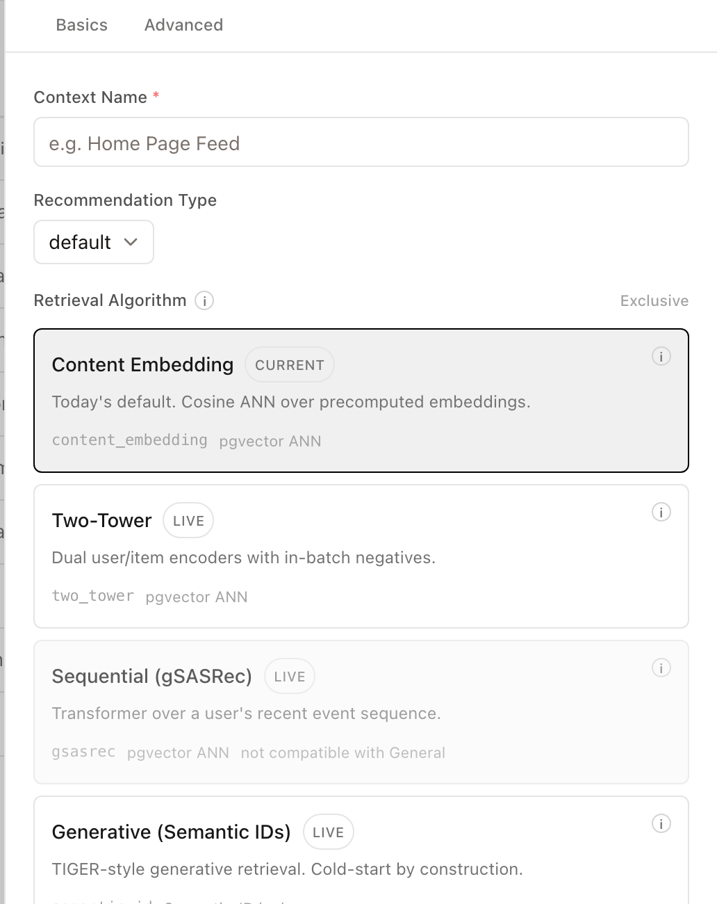 Live NeuronSearchLab console screenshot in Chalk light theme showing the Context drawer and retrieval architecture choices
