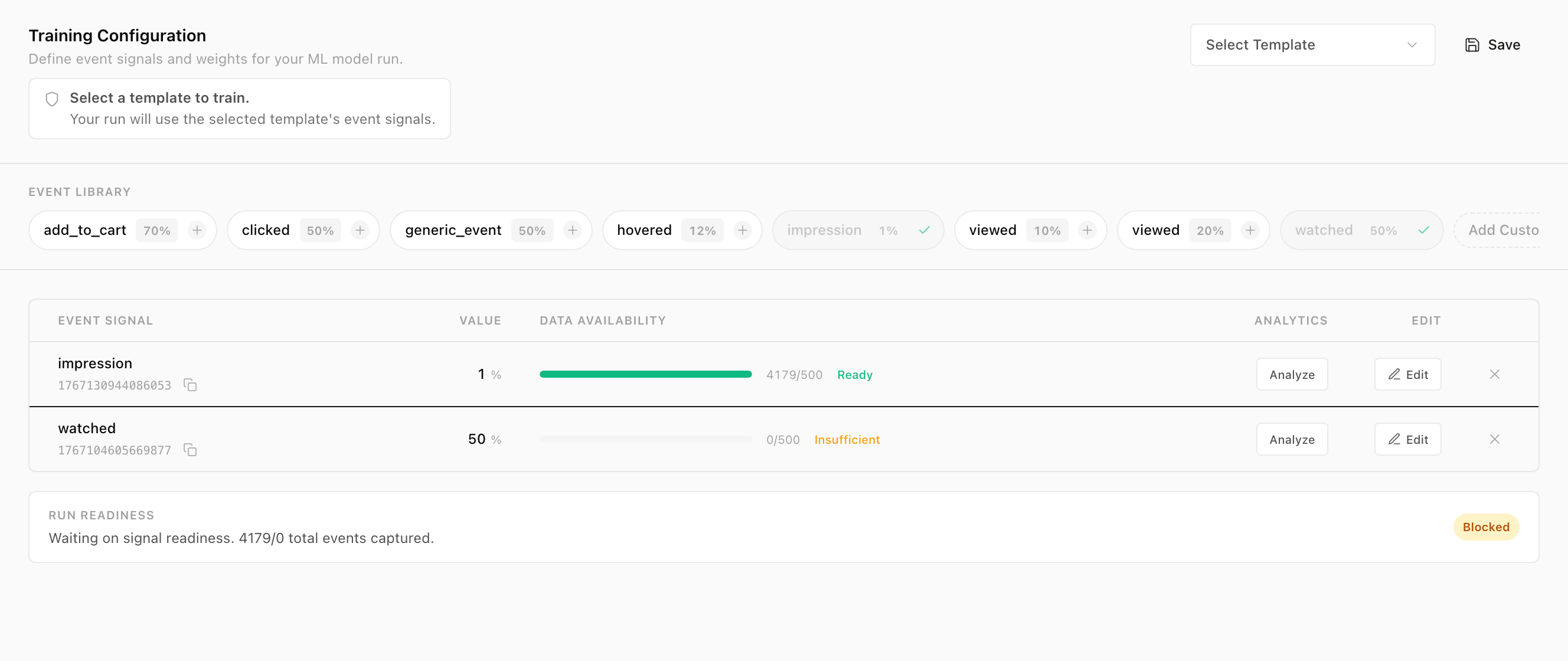 Live NeuronSearchLab console screenshot in Chalk light theme showing Events training configuration, event values, readiness, and template controls