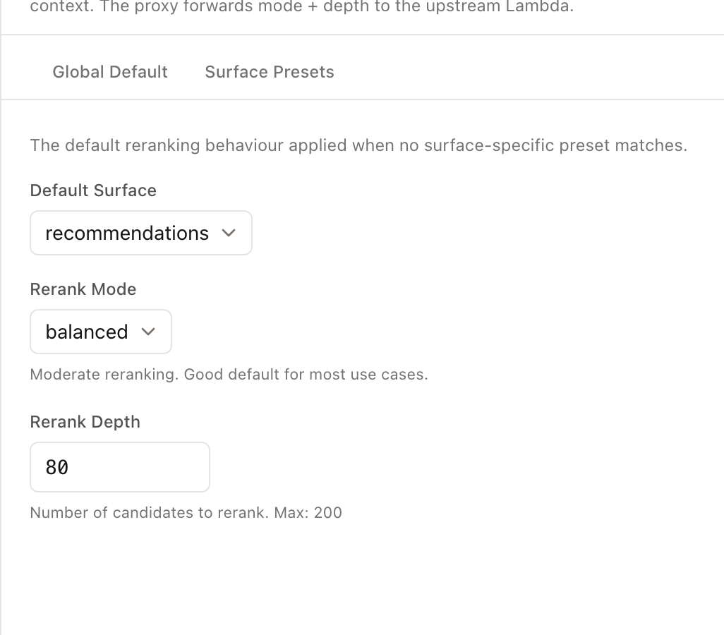 Live NeuronSearchLab console screenshot in Chalk light theme showing Rerank Controls global defaults, surface, mode, and depth