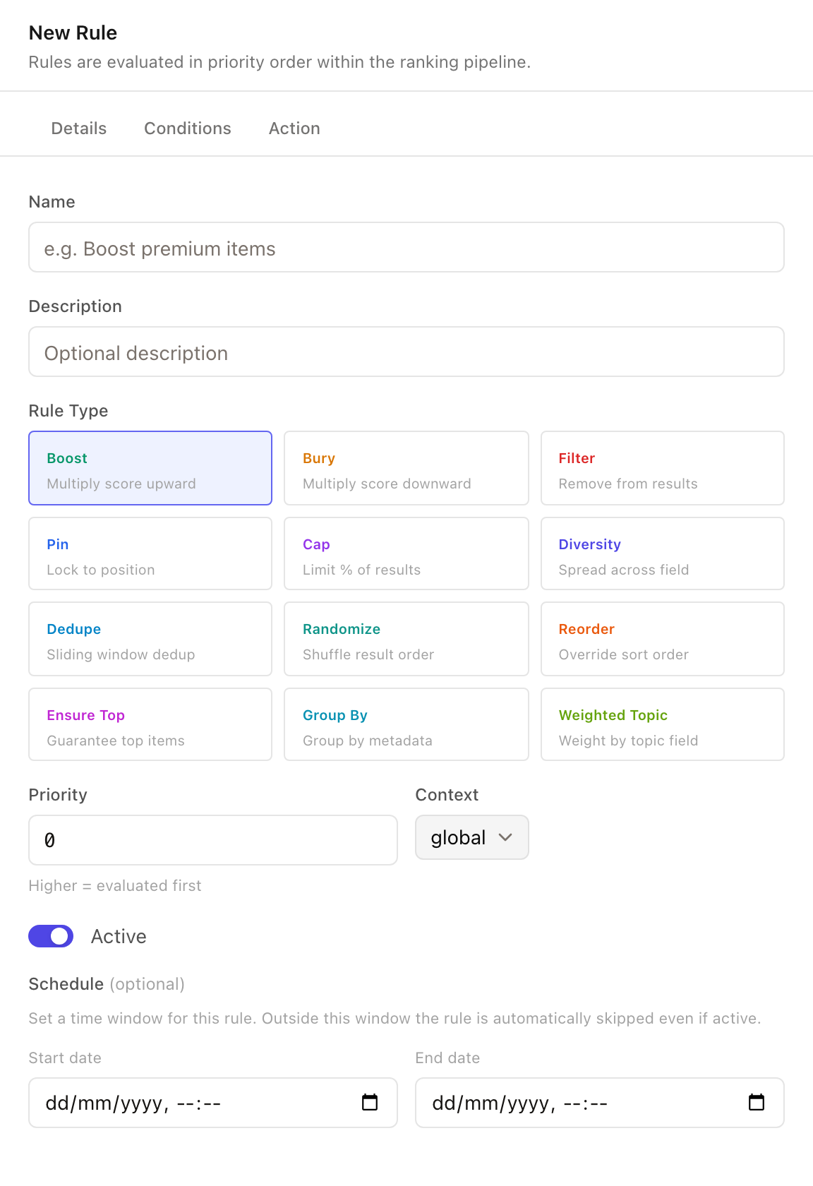 Live NeuronSearchLab console screenshot in Chalk light theme showing the Rules Engine drawer with rule type options